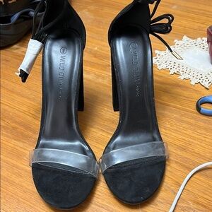 Wild Diva Black High Heel Sandals Clear Toe Tie Ankle Size 9